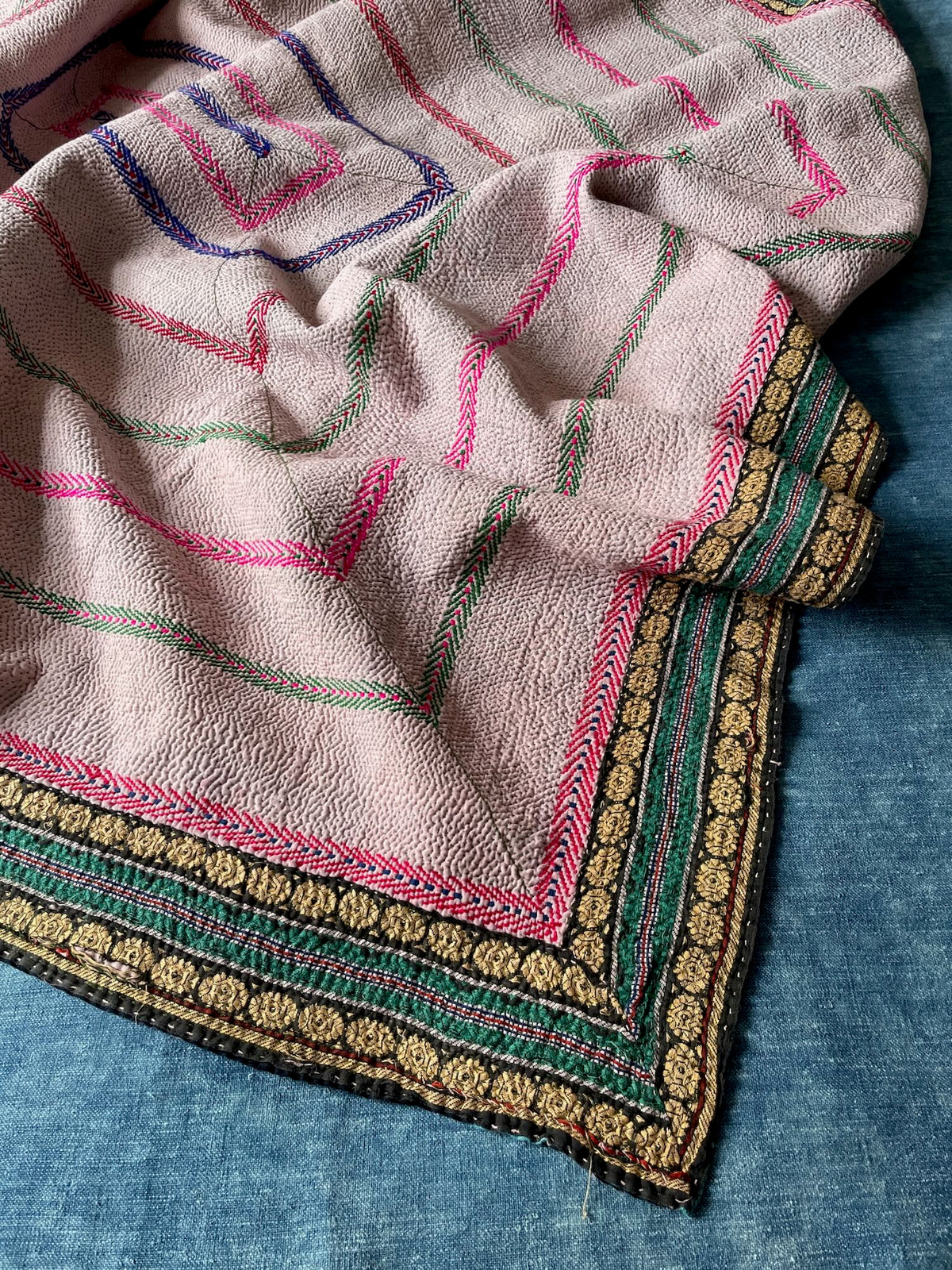 vintage kantha embroidered quilt in white pink. green cotton bedspread sofa throw washable uk