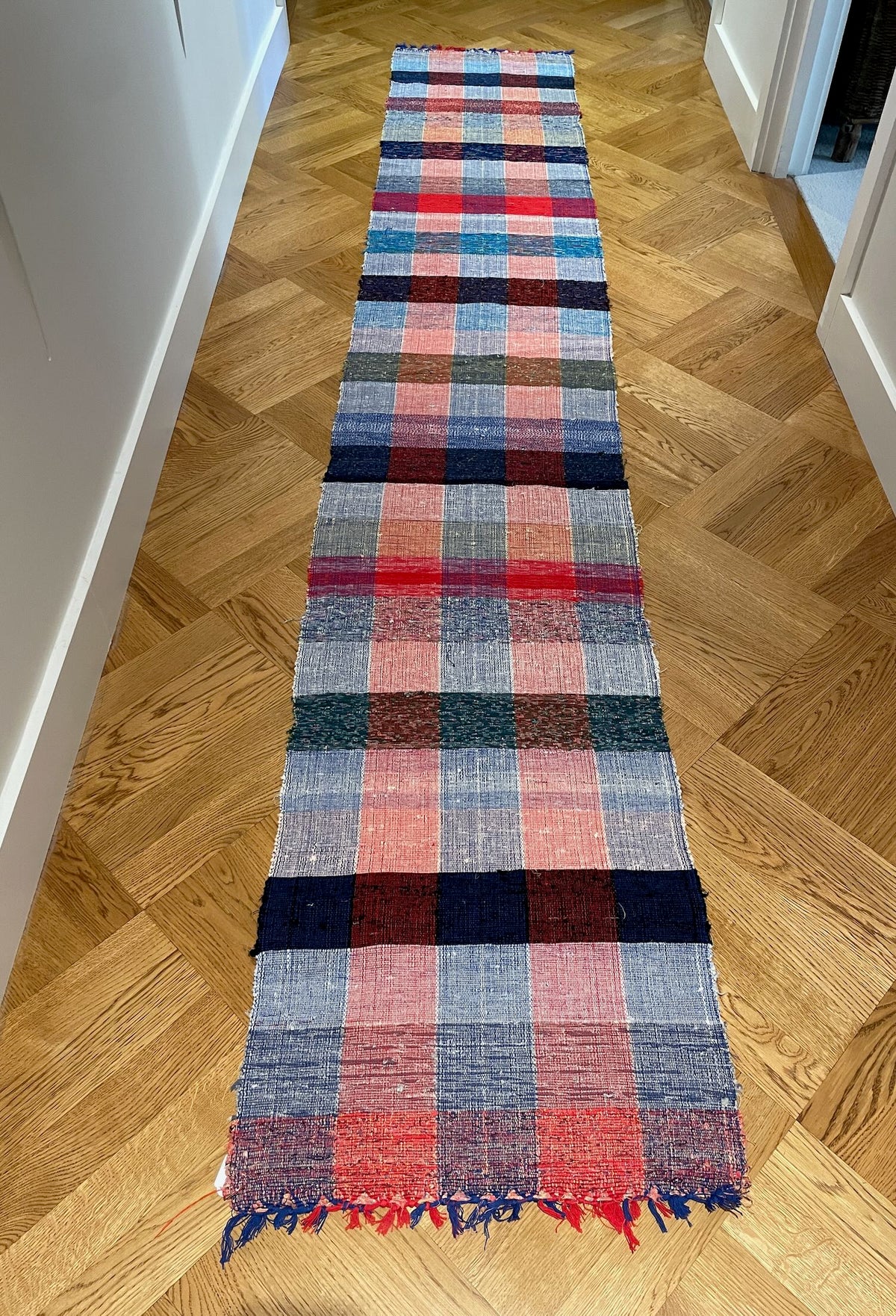 
                  
                    red blue checkered floor runner long cotton hall way carpet colourful trasmatta washable uk
                  
                