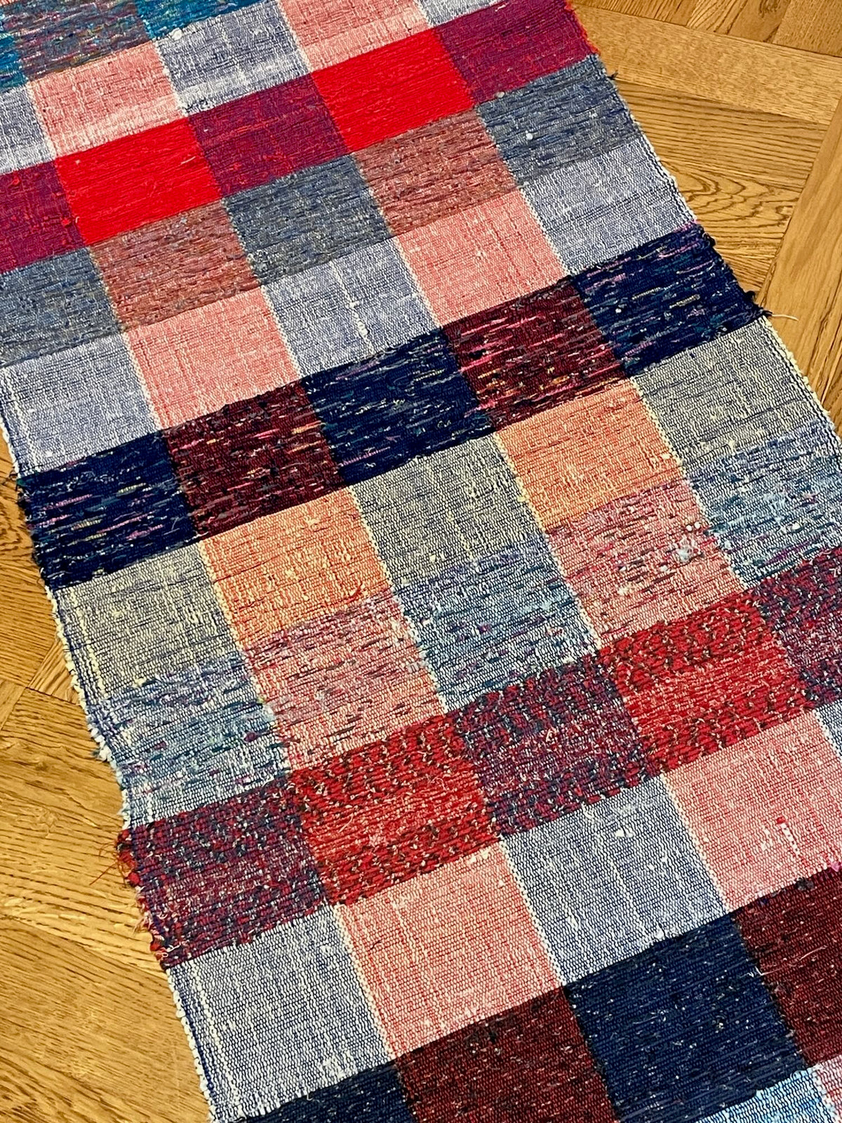 
                  
                    red blue checkered floor runner long cotton hall way carpet colourful trasmatta washable uk
                  
                