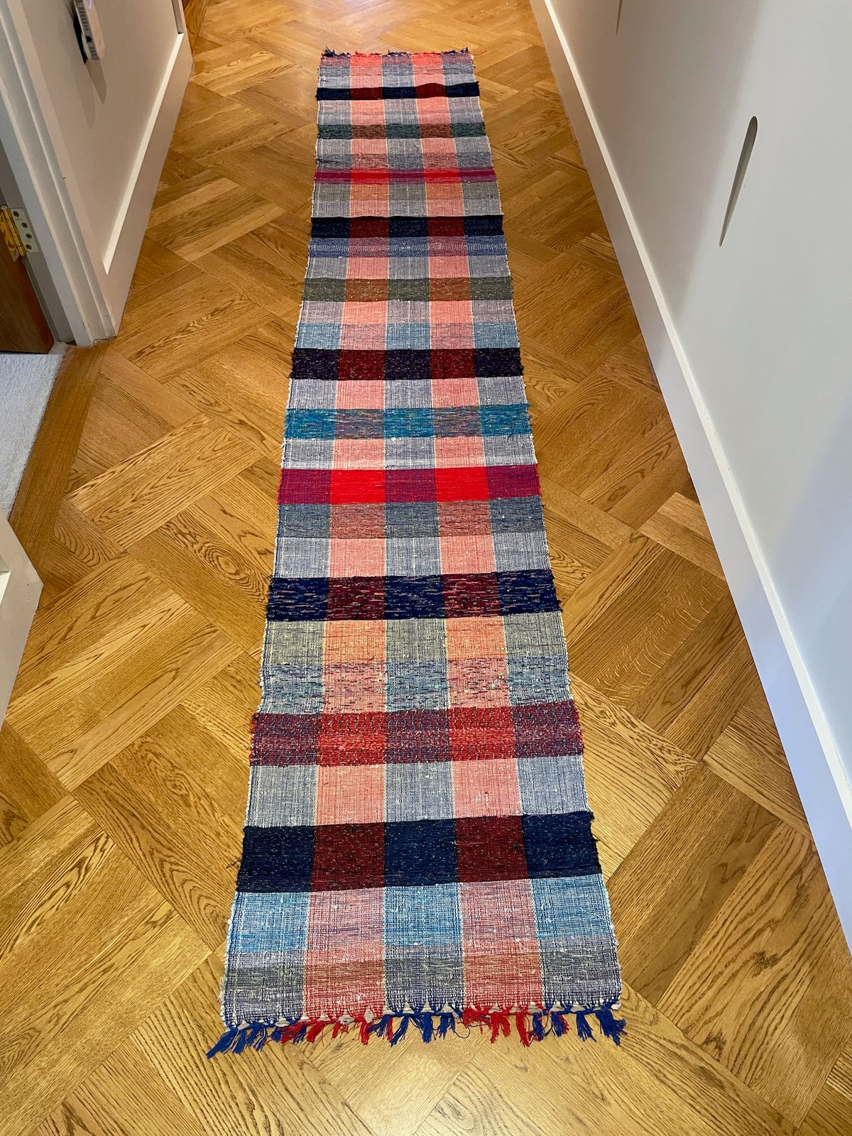
                  
                    red blue checkered floor runner long cotton hall way carpet colourful trasmatta washable uk
                  
                