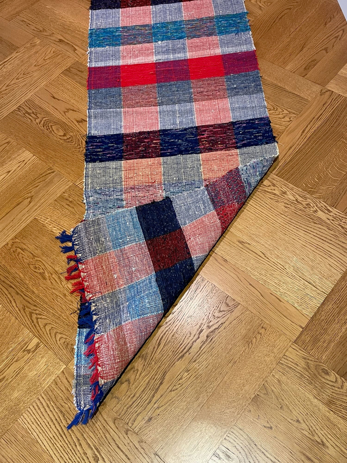 
                  
                    red blue checkered floor runner long cotton hall way carpet colourful trasmatta washable uk
                  
                