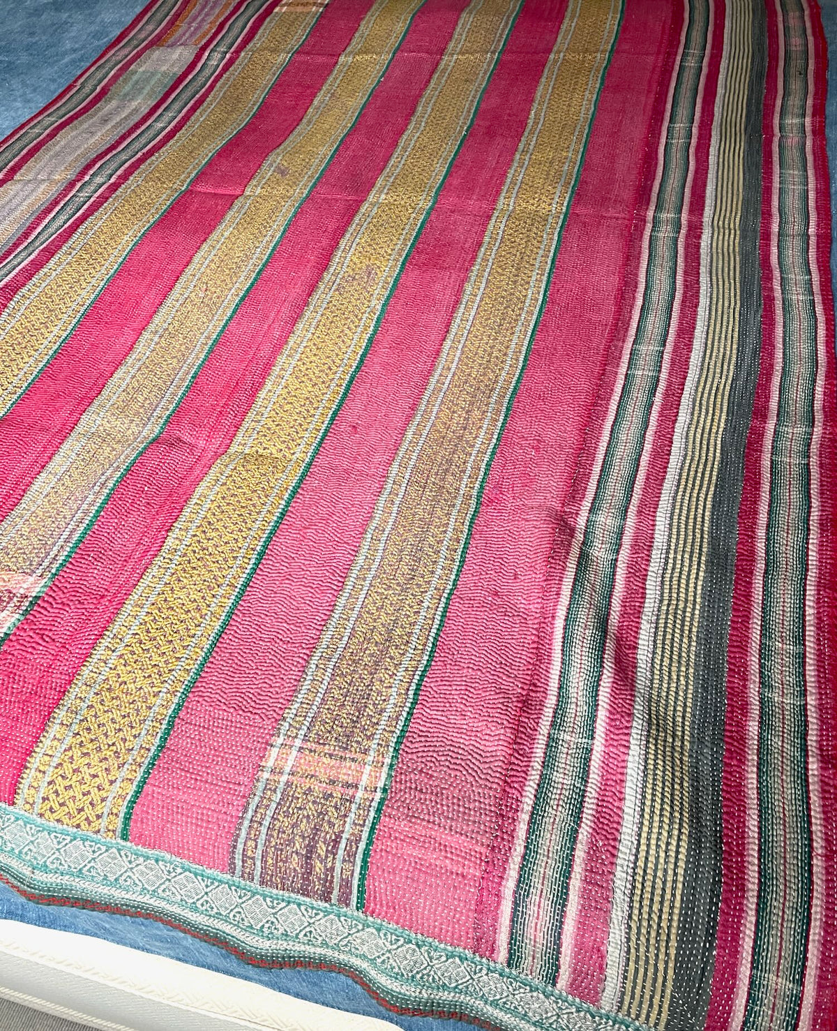 pink yellow striped vintage kantha quilt cotton single bedspread sofa throw washable uk