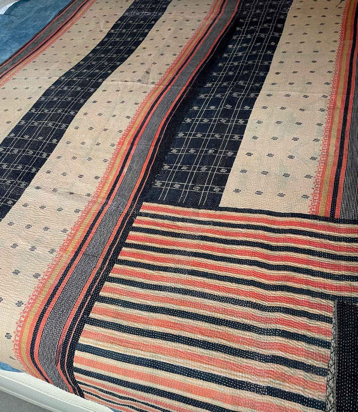 cream coral black striped vintage kantha quilt cotton washable single bedspread handstitched UK