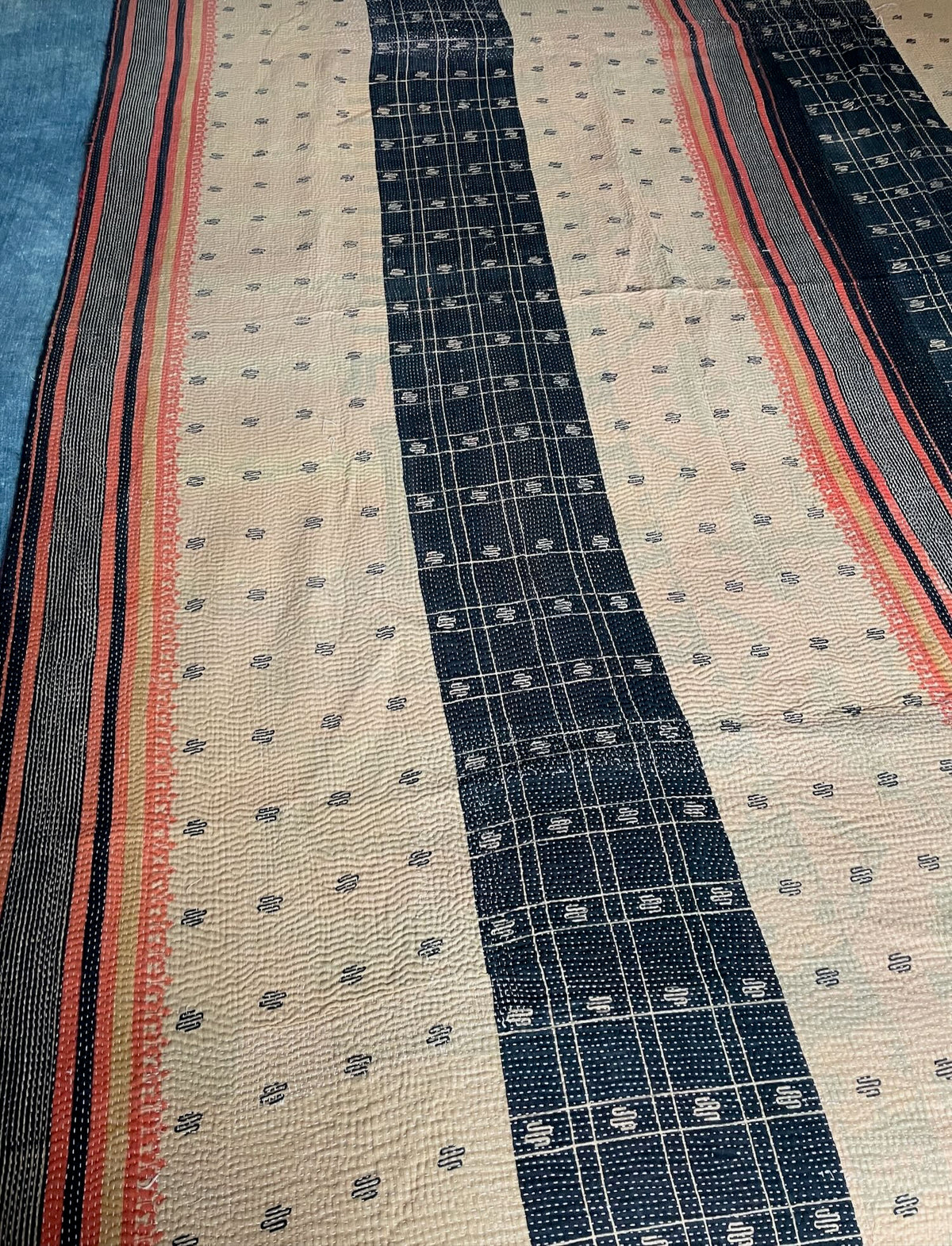 
                  
                    cream coral black striped vintage kantha quilt cotton washable single bedspread handstitched UK
                  
                