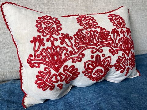 vintage red embroidered irasos pillow hungarian folk textile on cream linen for sofa or chair