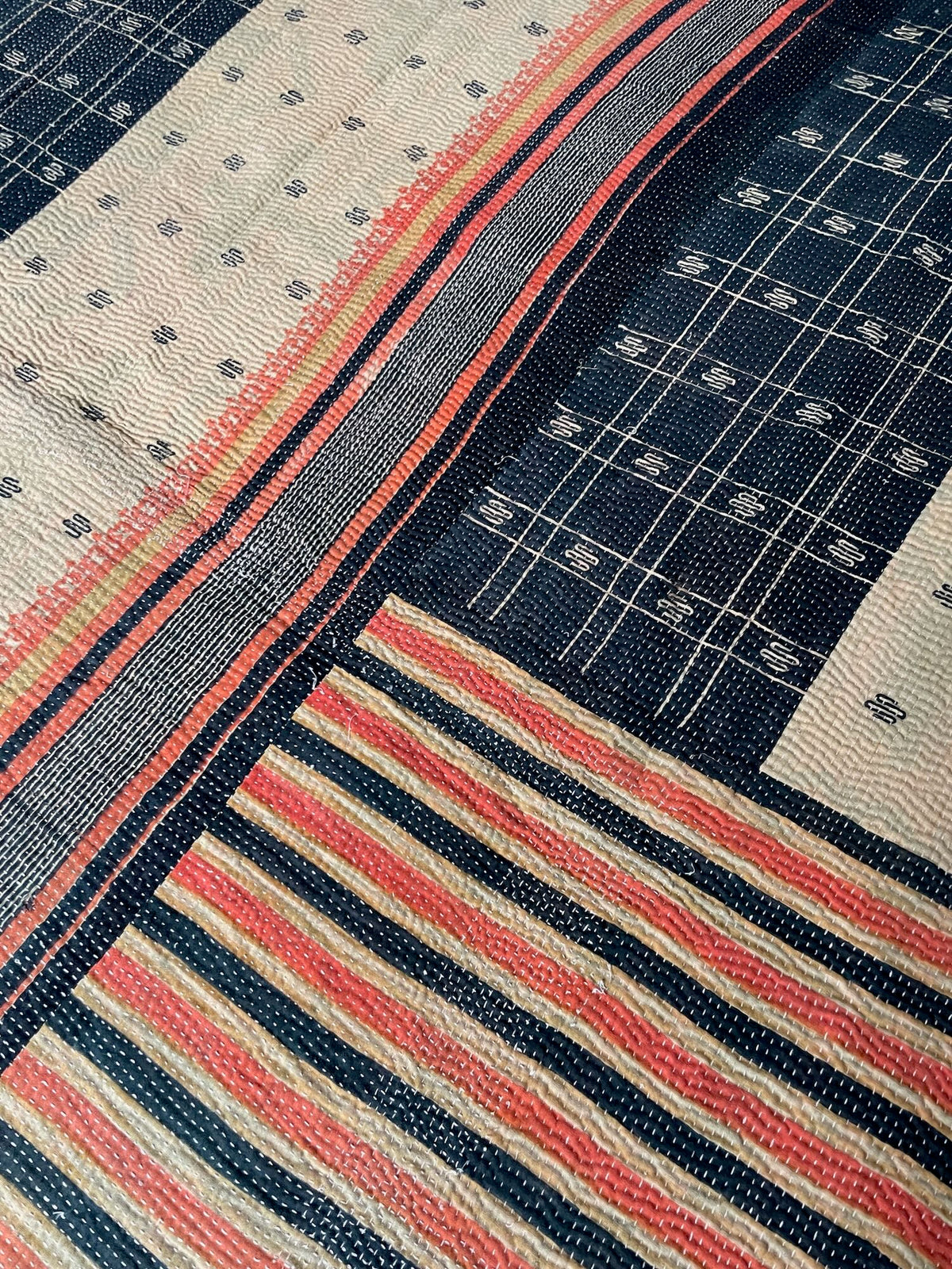 
                  
                    cream coral black striped vintage kantha quilt cotton washable single bedspread handstitched UK
                  
                