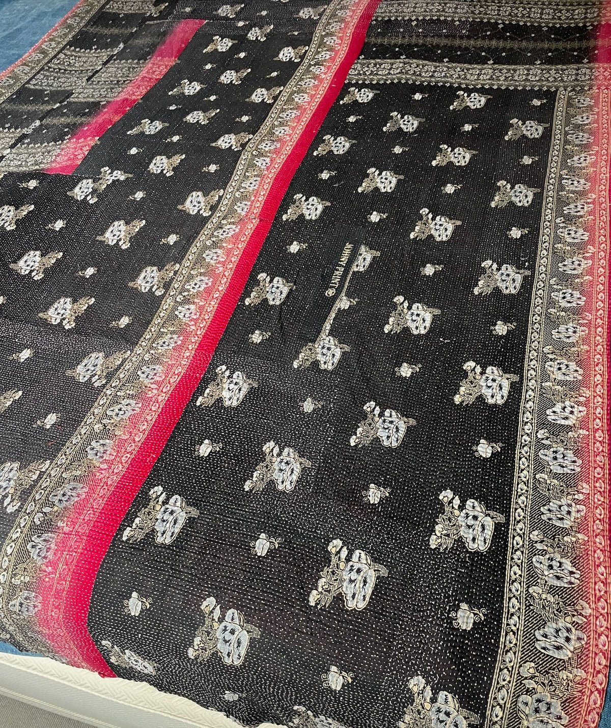 
                  
                    reversible black pink striped vintage kantha quilt cotton washable single bedspread handstitched UK
                  
                