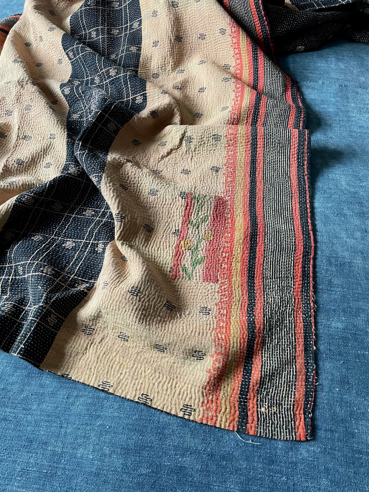 cream coral black striped vintage kantha quilt cotton washable single bedspread handstitched UK