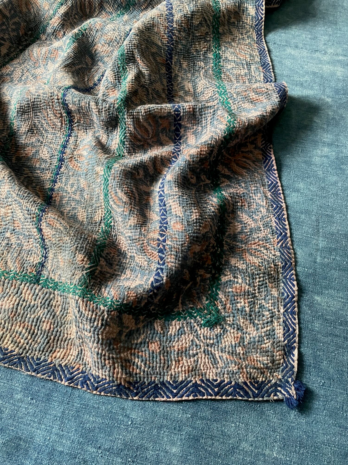 blue brown pink sofa throw vintage kantha quilt single bedspread washable cotton  comforter