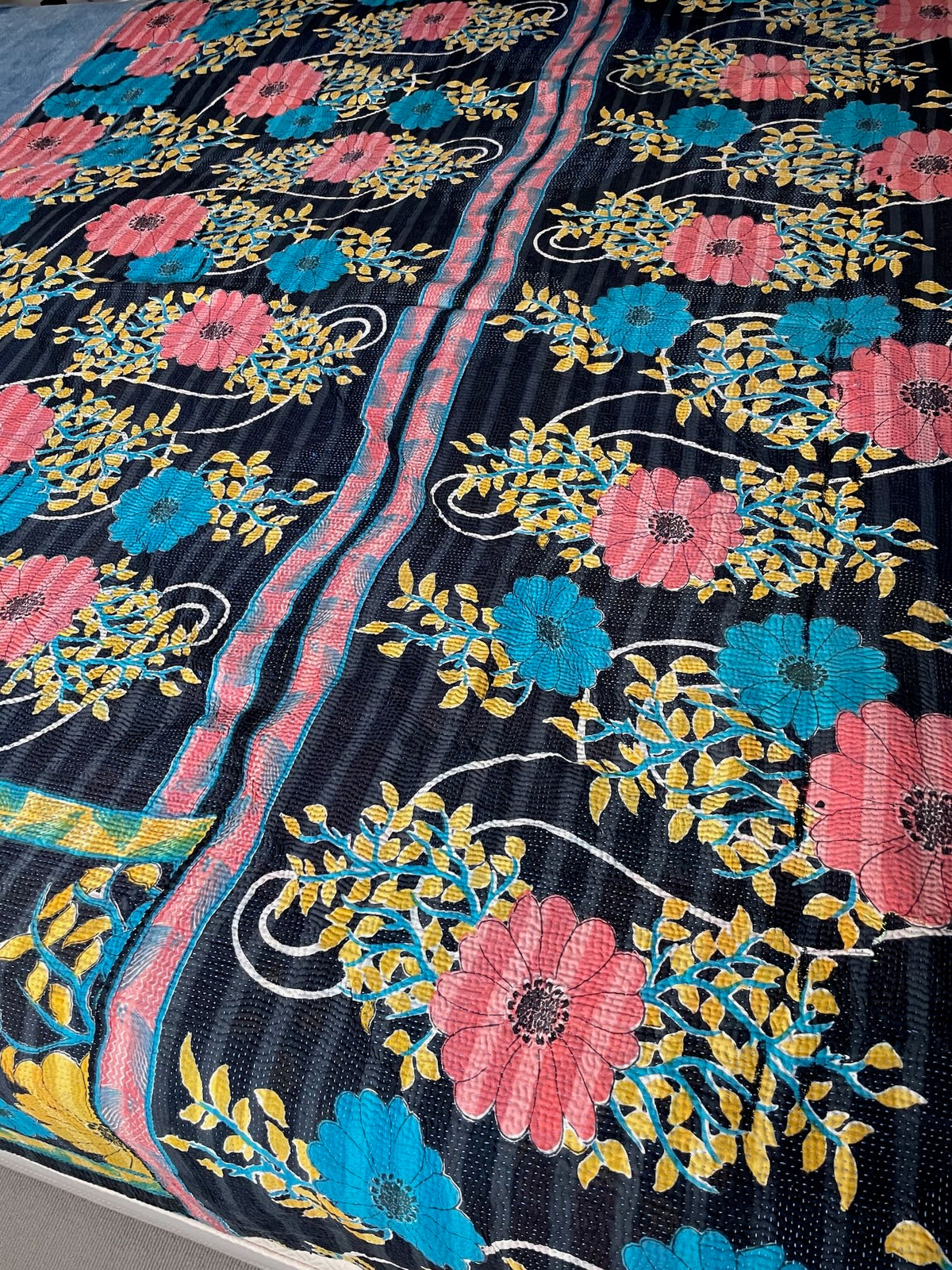 pink turquoise blue floral kantha quilt with bold design single cotton bedspread washable sofa throw