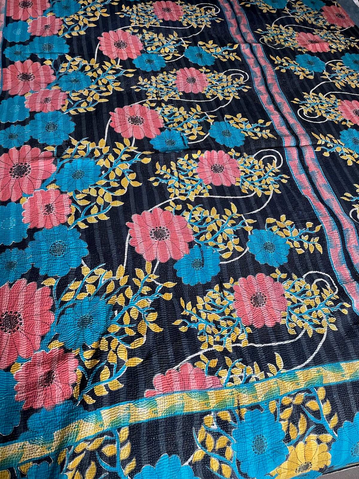 
                  
                    pink turquoise blue floral kantha quilt with bold design single cotton bedspread washable sofa throw
                  
                