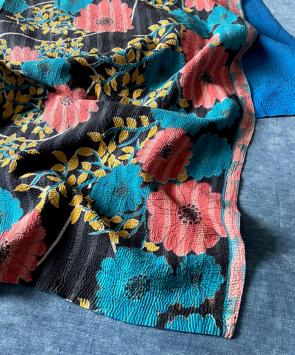 pink turquoise blue floral kantha quilt with bold design single cotton bedspread washable sofa throw