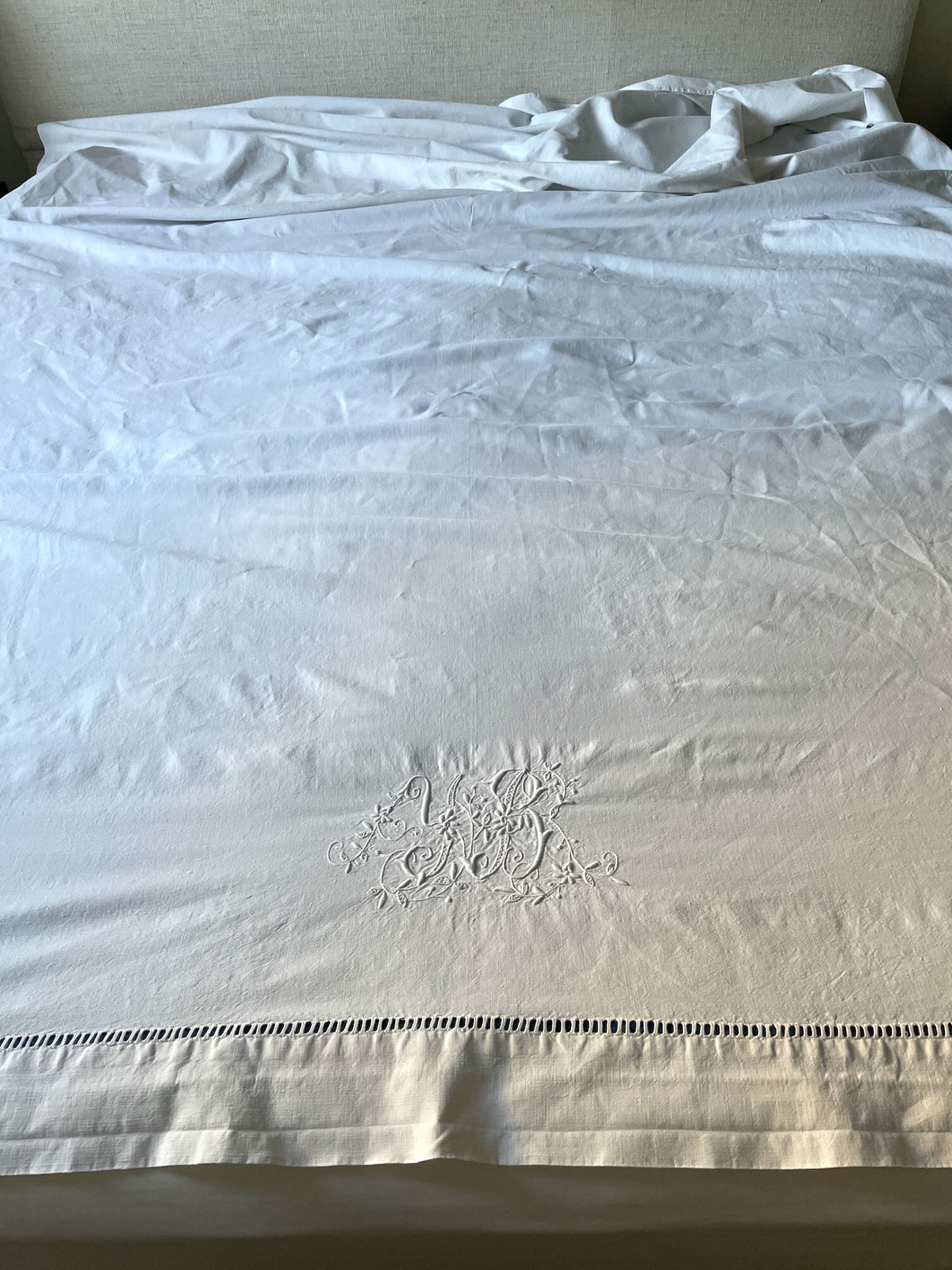 white linen cotton bedsheet monogrammed YB drawn thread work edge single  long tablecloth