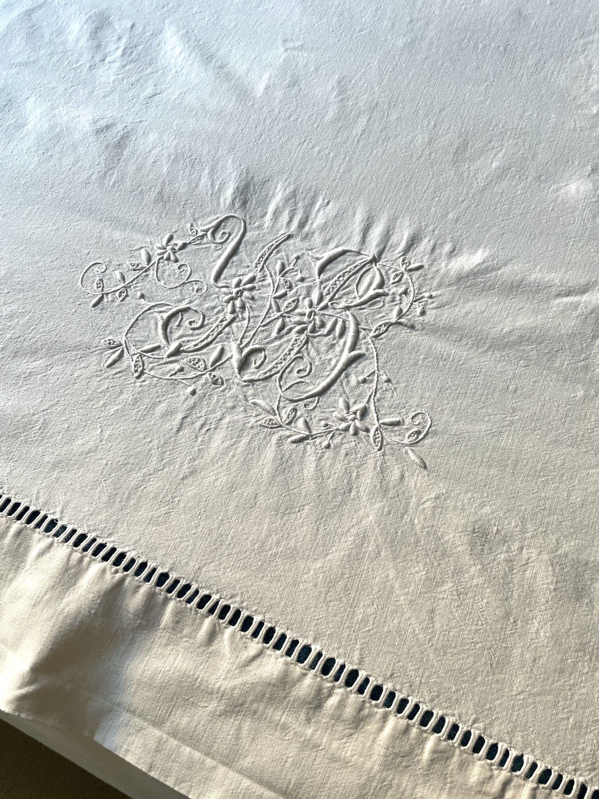 white linen cotton bedsheet monogrammed YB drawn thread work edge single  long tablecloth