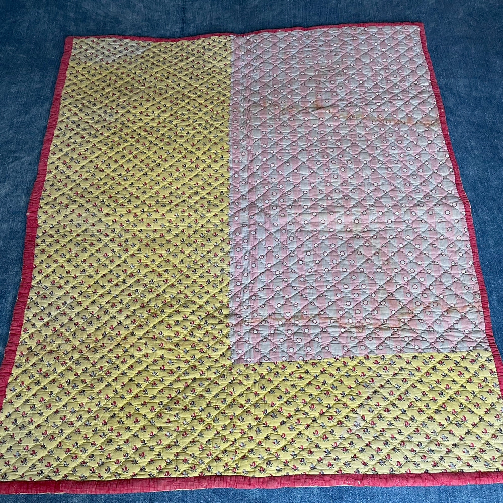 antique french quilt yellow red pique pretty provencal whole cloth comforter hand stitched