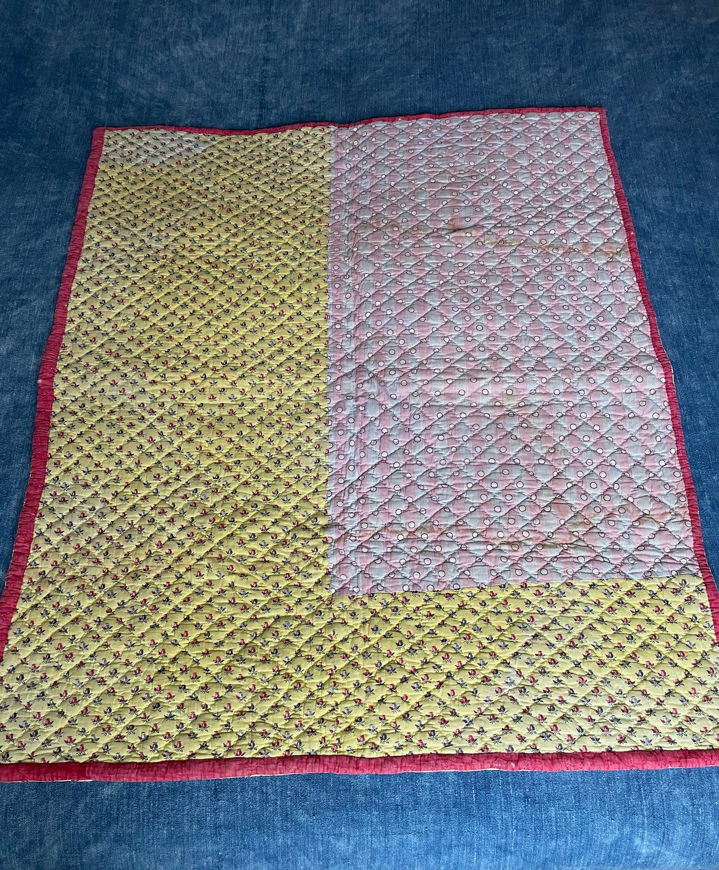 antique french quilt yellow red pique pretty provencal whole cloth comforter hand stitched