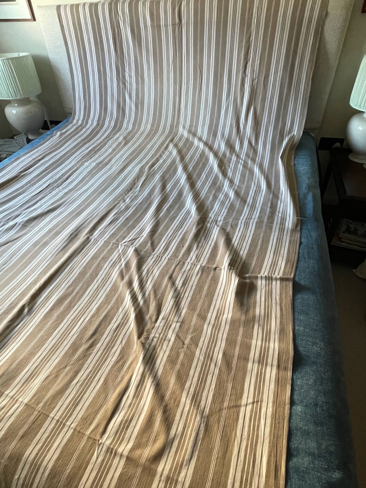 
                  
                    taupe cream beige stripe cotton antique french mattress ticking for upholstery sewing projects 
                  
                