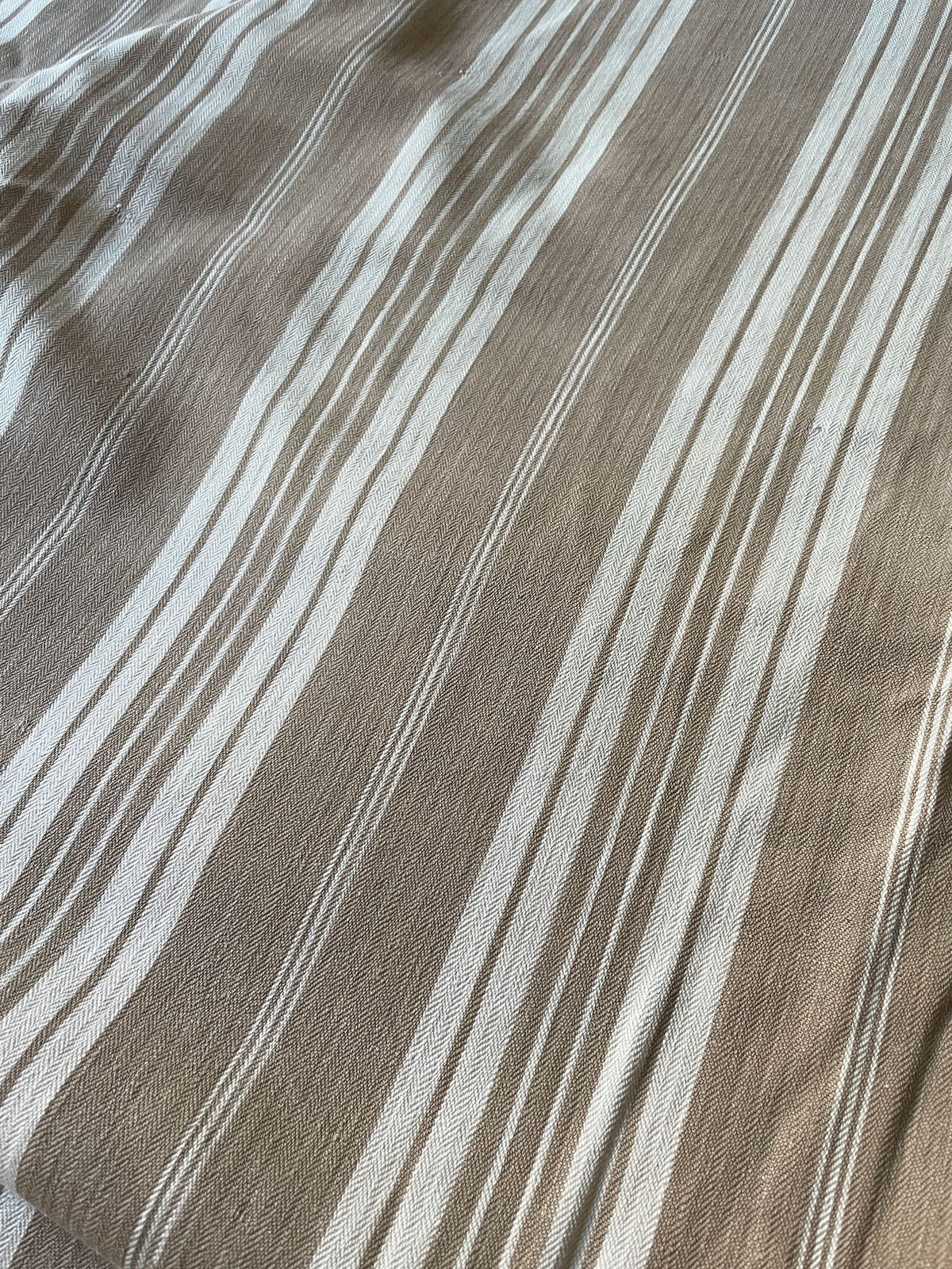 
                  
                    taupe cream beige stripe cotton antique french mattress ticking for upholstery sewing projects 
                  
                