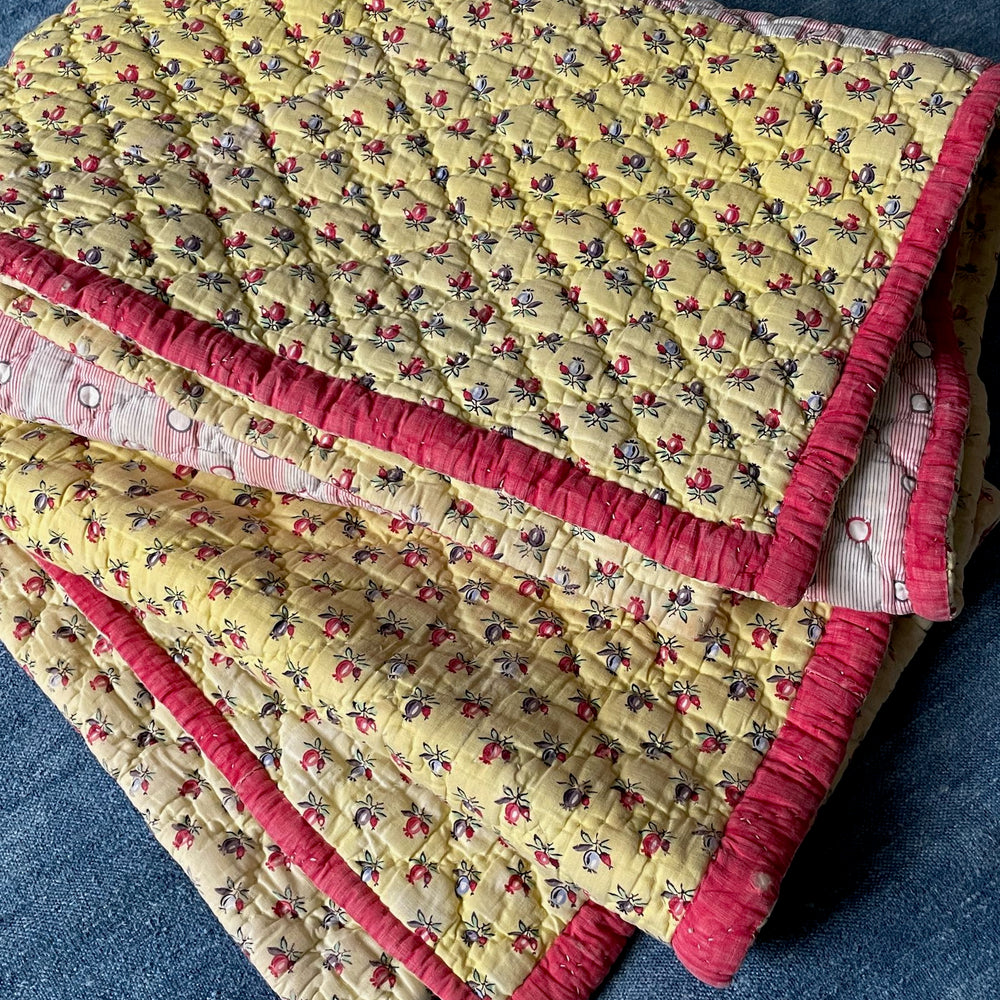 antique french quilt yellow red pique pretty provencal whole cloth comforter hand stitched