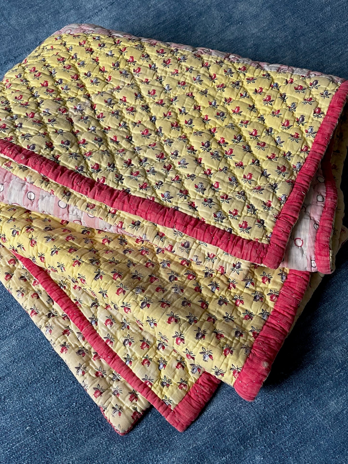 antique french quilt yellow red pique pretty provencal whole cloth comforter hand stitched