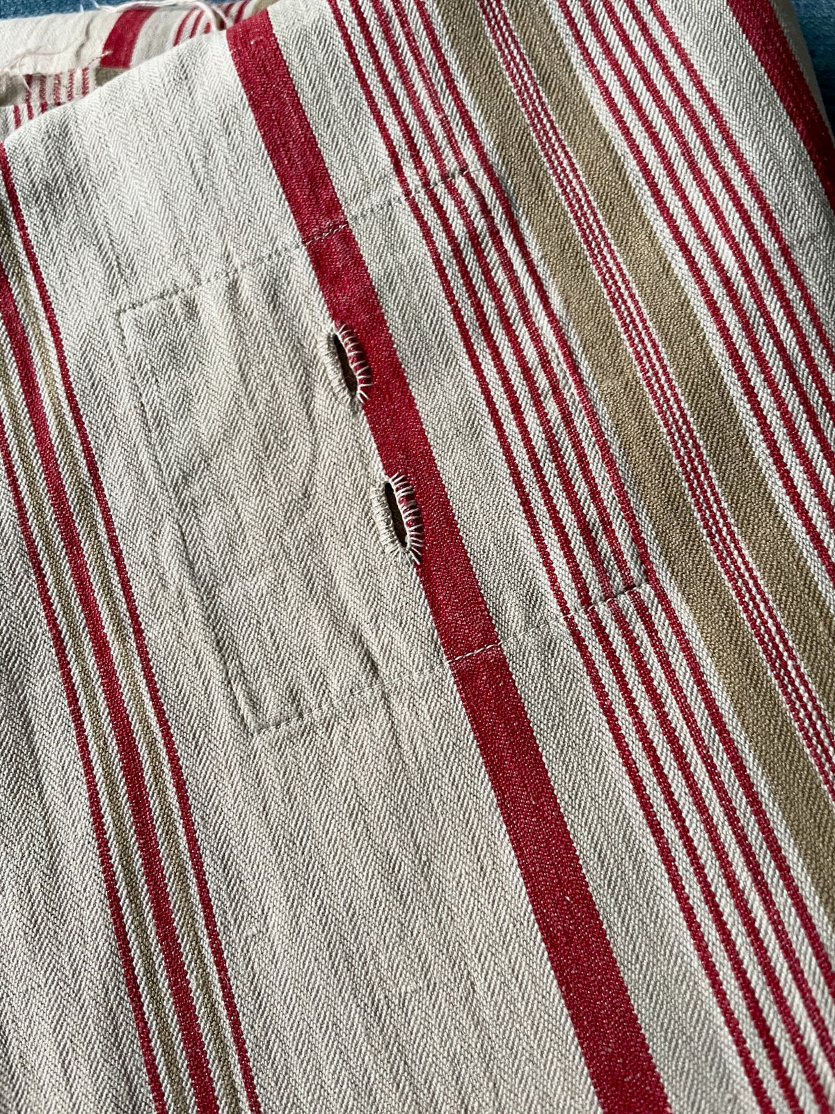 
                  
                    red cream beige red stripe french ticking fabric antique toile matelas cotton upholstery material 
                  
                