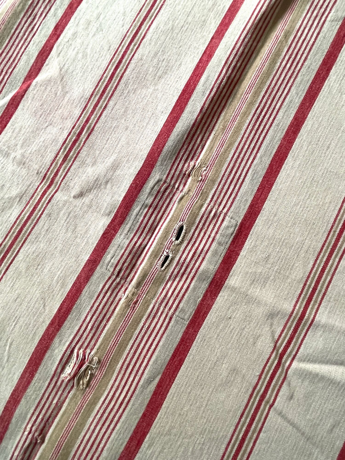 
                  
                    red cream beige red stripe french ticking fabric antique toile matelas cotton upholstery material 
                  
                
