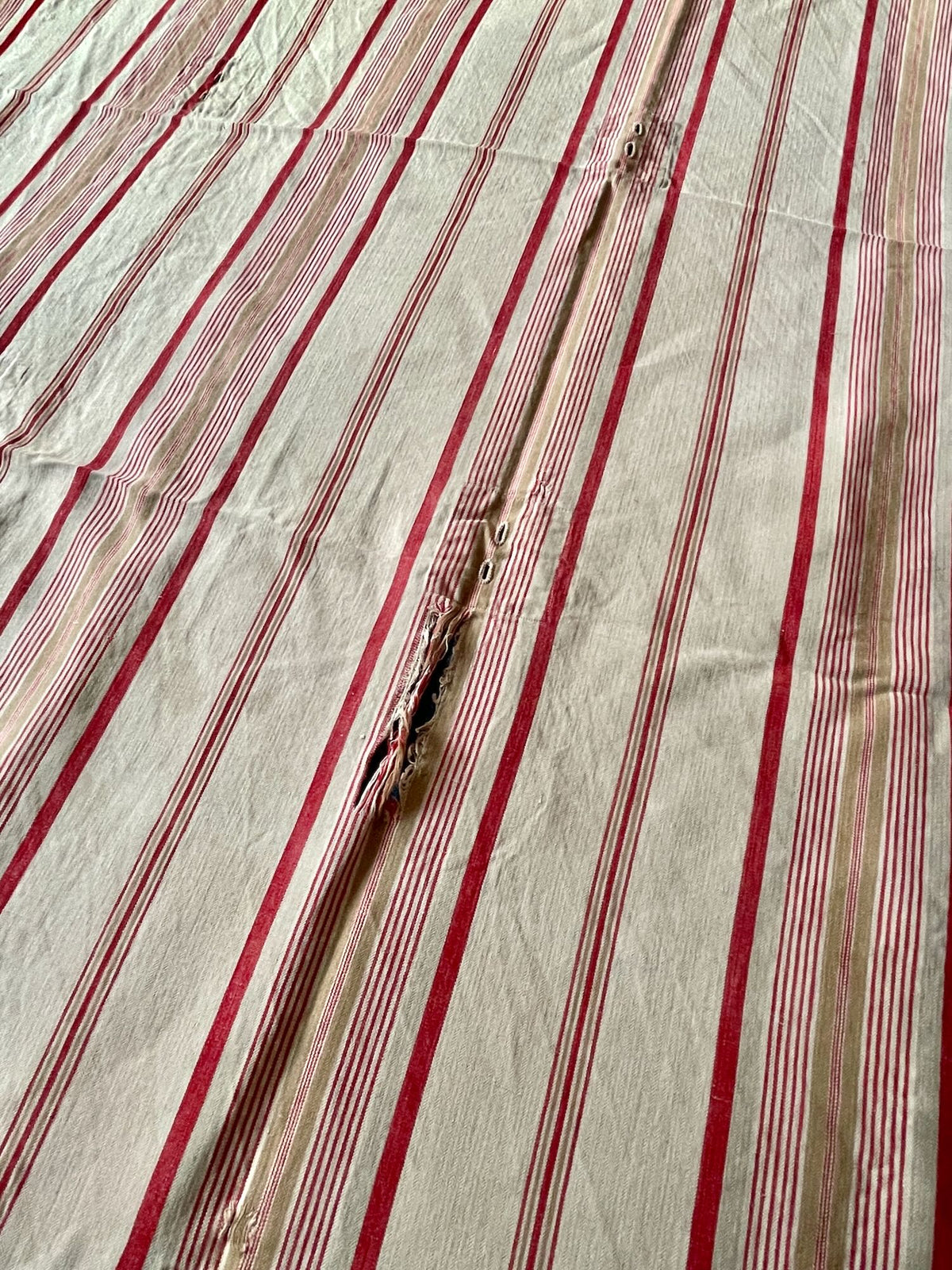 
                  
                    red cream beige red stripe french ticking fabric antique toile matelas cotton upholstery material 
                  
                