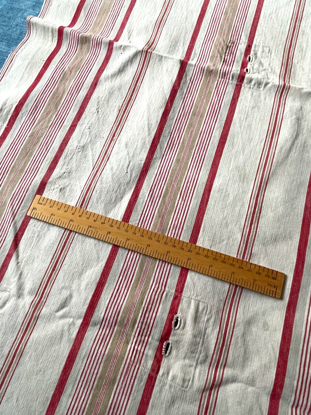 
                  
                    red cream beige red stripe french ticking fabric antique toile matelas cotton upholstery material 
                  
                