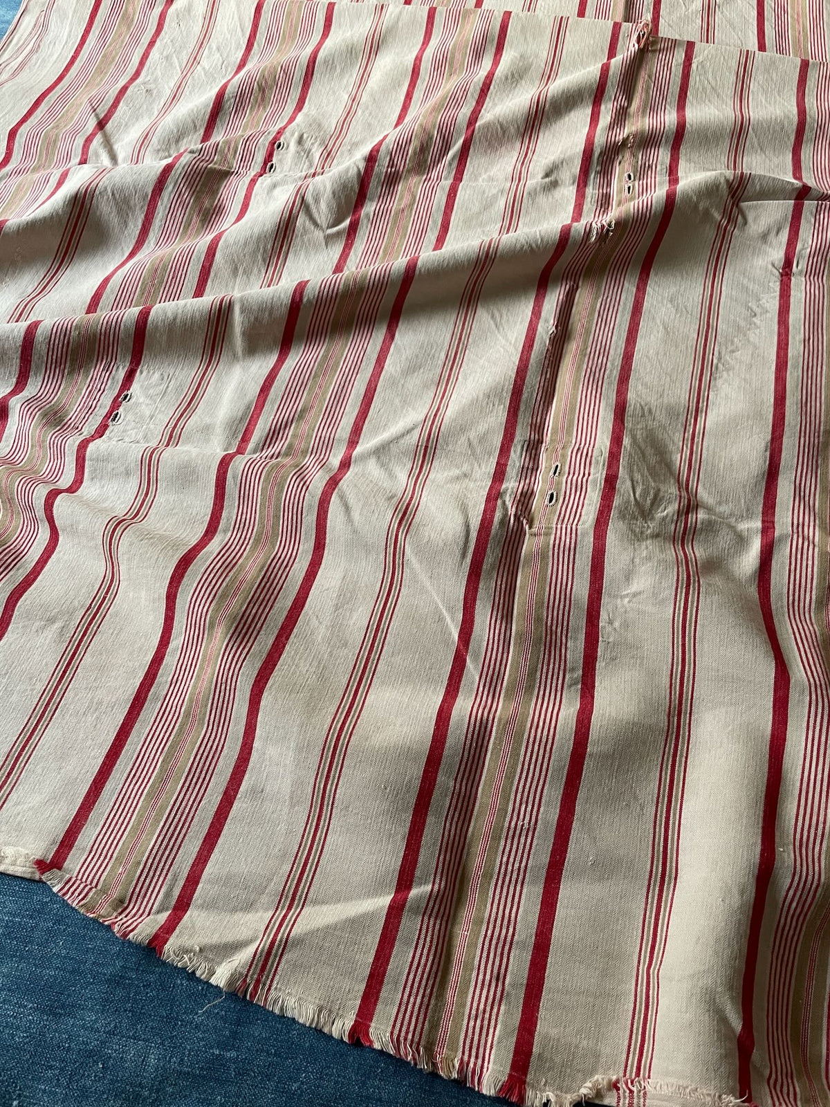 
                  
                    red cream beige red stripe french ticking fabric antique toile matelas cotton upholstery material 
                  
                