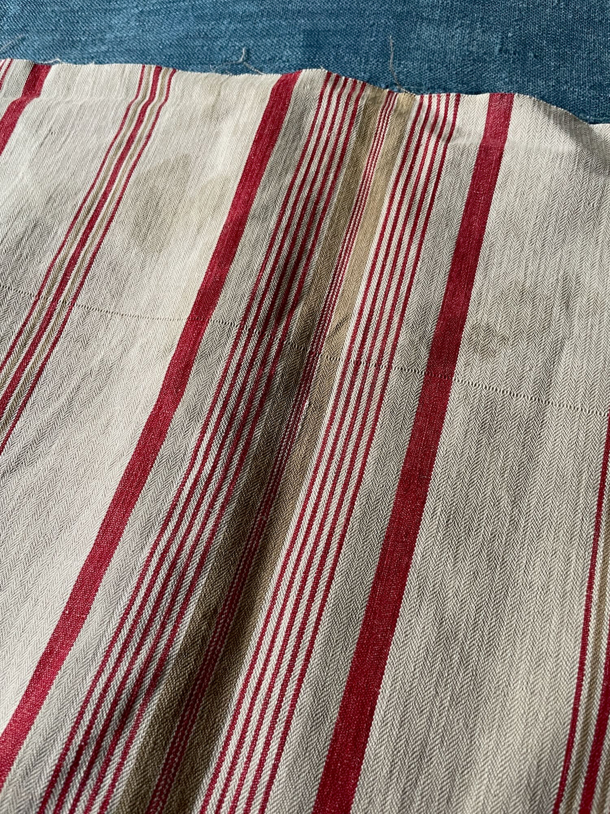 
                  
                    red cream beige red stripe french ticking fabric antique toile matelas cotton upholstery material 
                  
                