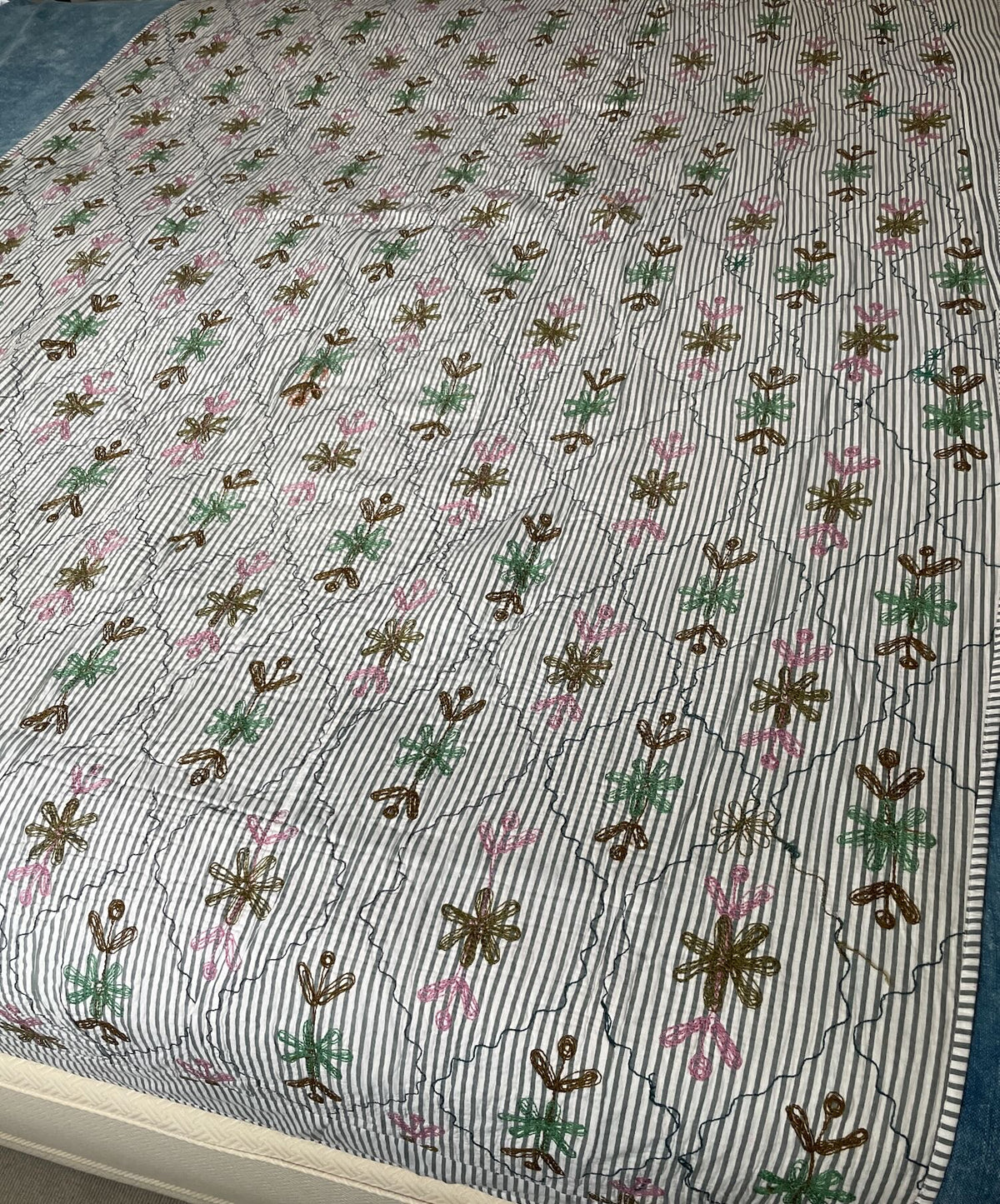 
                  
                    white pink green embroidered bedspread vintage kantha quilt cotton comforter washable sofa throw
                  
                