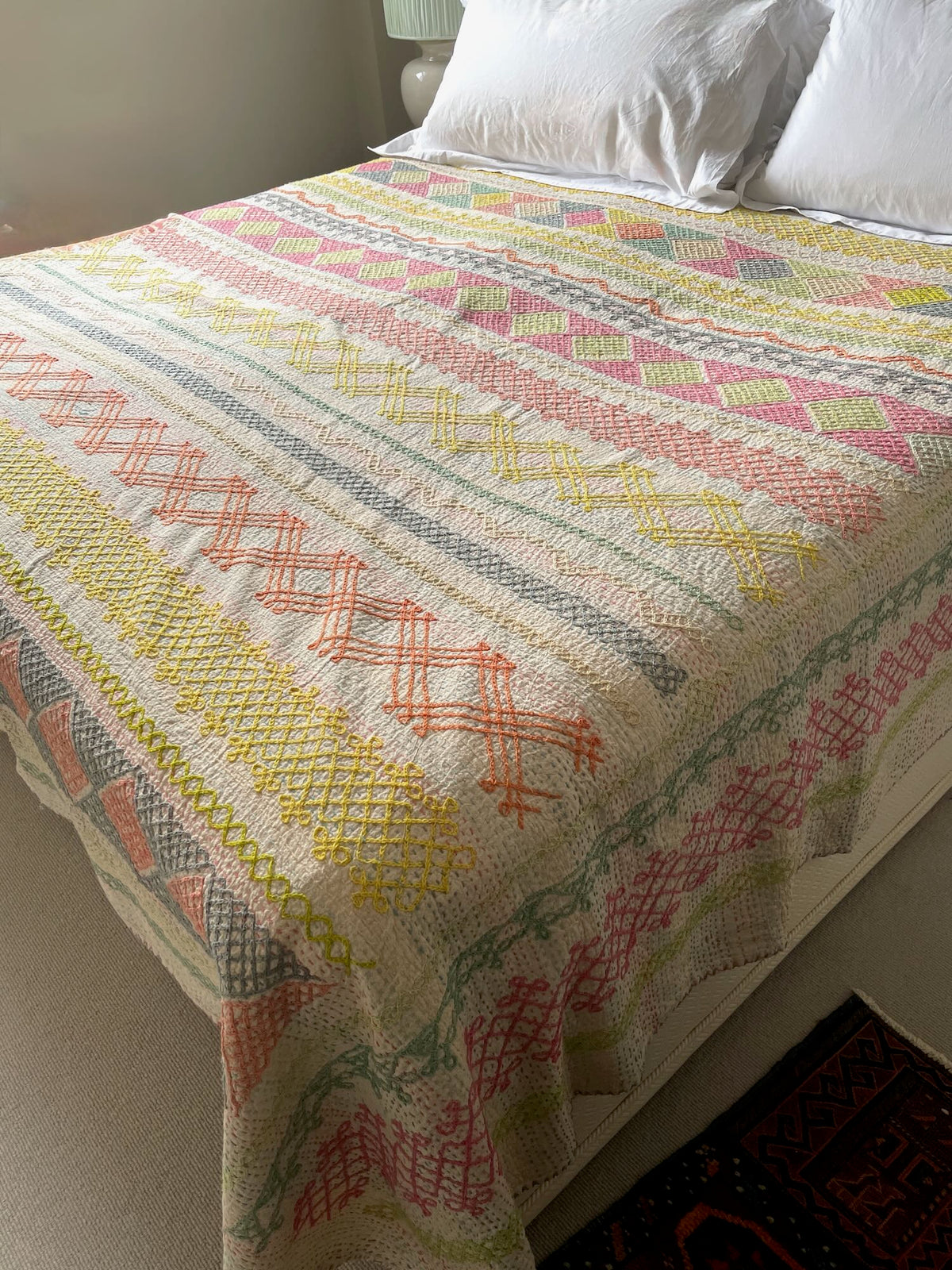 large super king double bedspread ralli quilt pink yellow orange embroidered cotton comforter UK