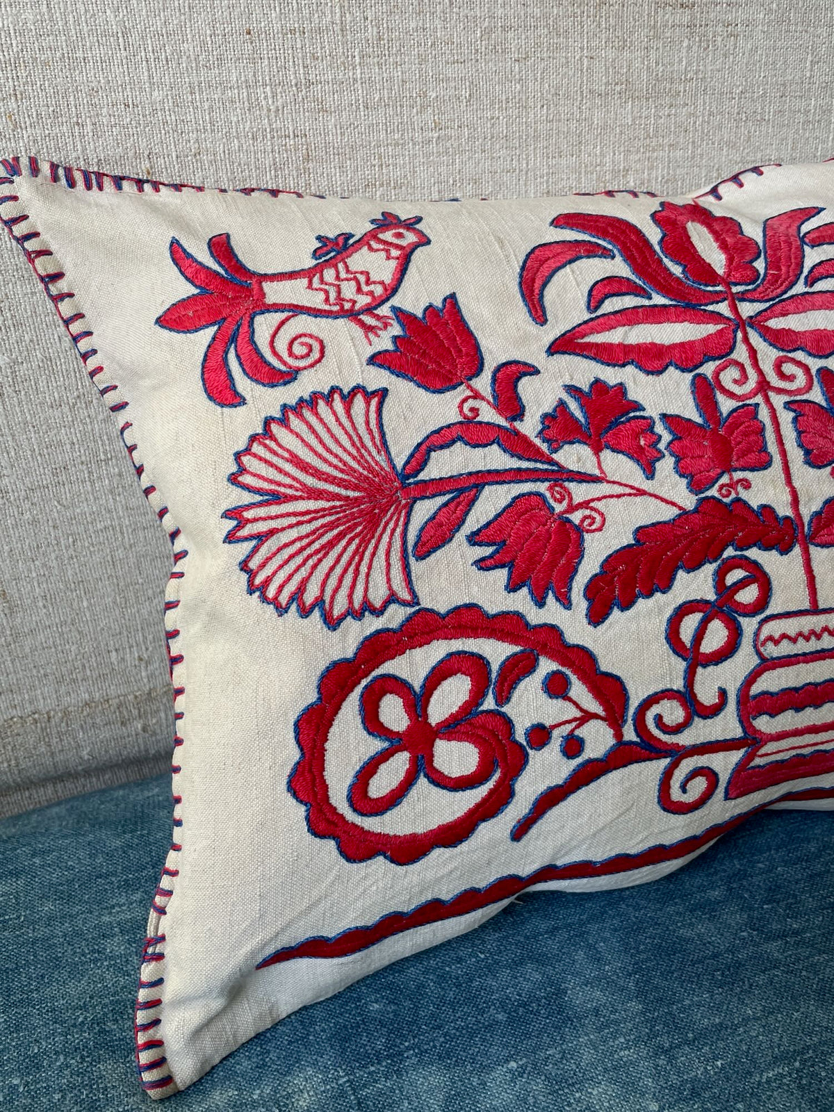 
                  
                    red blue embroidered cushion floral bird design pillow rustic folk art textile east european
                  
                
