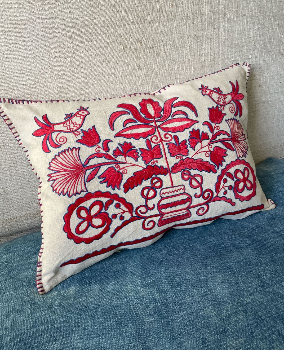 
                  
                    red blue embroidered cushion floral bird design pillow rustic folk art textile east european
                  
                
