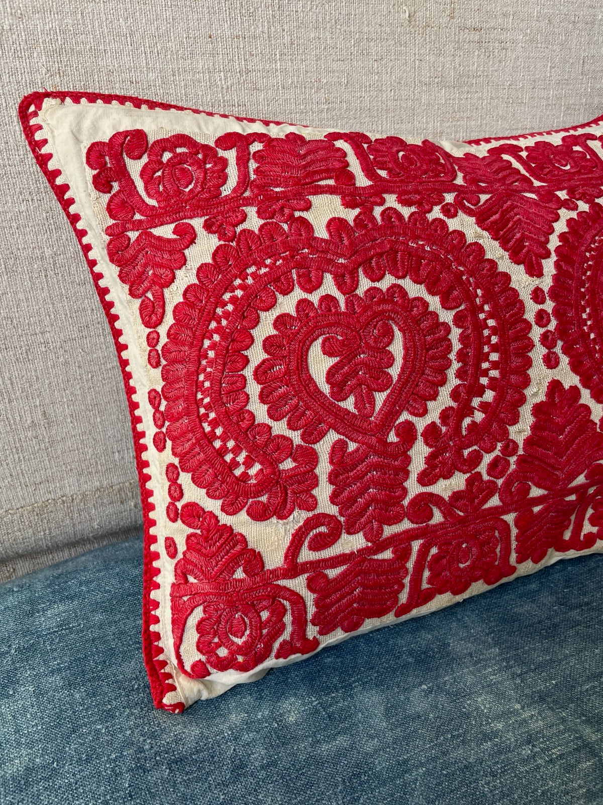 
                  
                    raspberry red embroidered irasos cushion vintage hungarian folk art couch pillow UK
                  
                