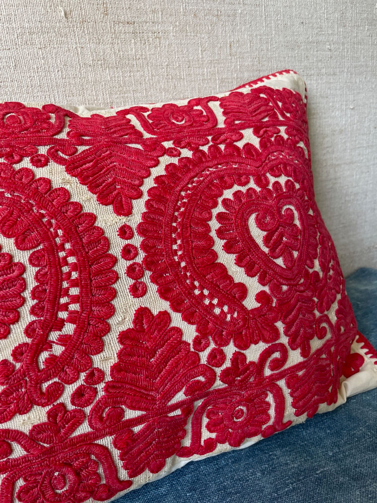 
                  
                    raspberry red embroidered irasos cushion vintage hungarian folk art couch pillow UK
                  
                