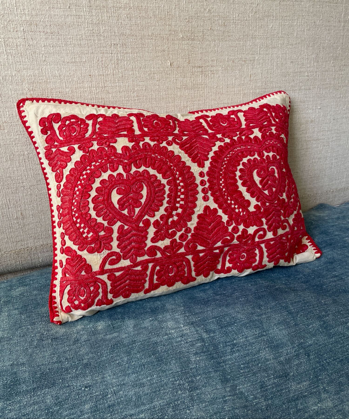 
                  
                    raspberry red embroidered irasos cushion vintage hungarian folk art couch pillow UK
                  
                