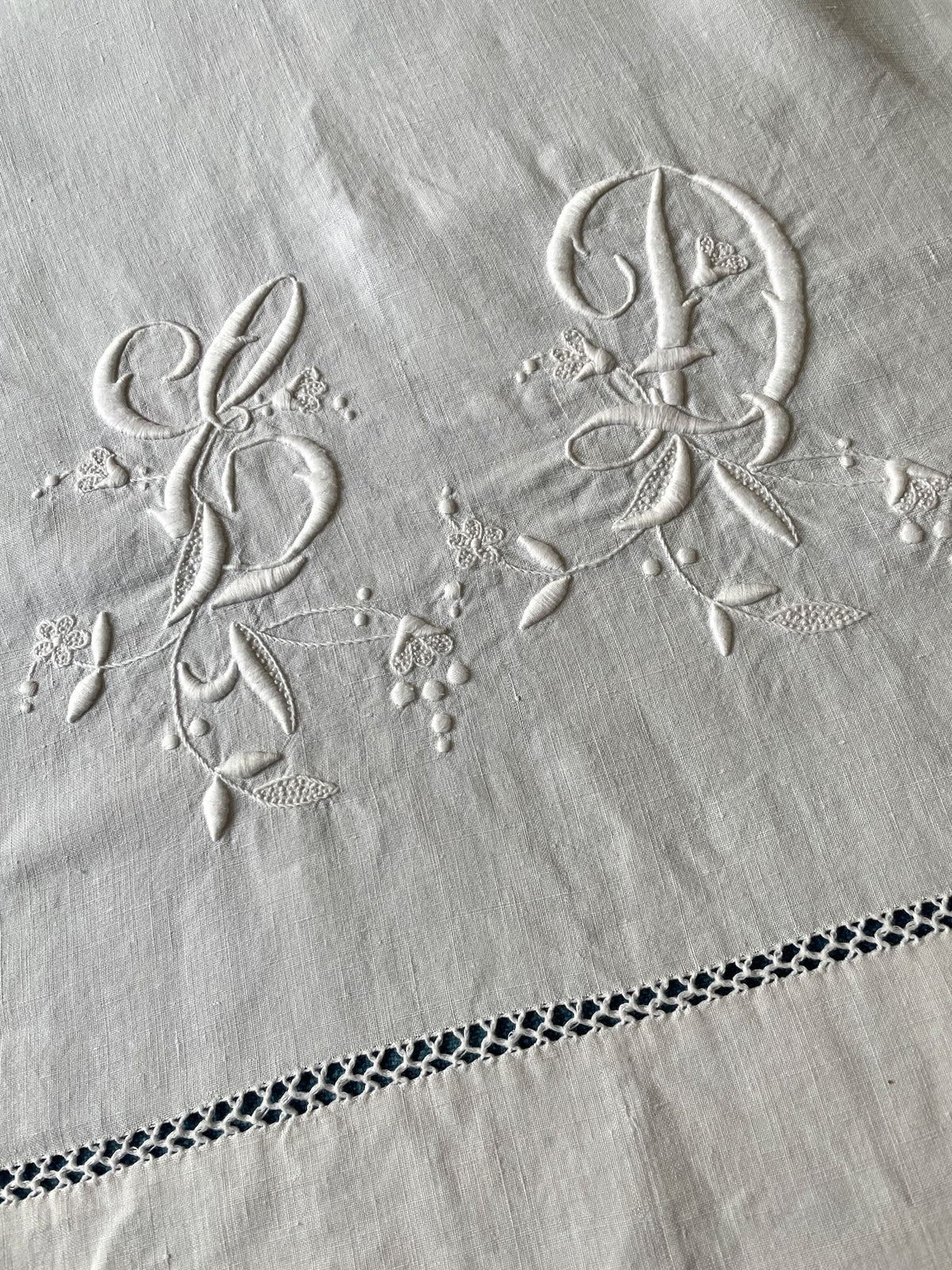 
                  
                    antique french linen sheet embroided ED white bedsheet single double tablecloth UK
                  
                