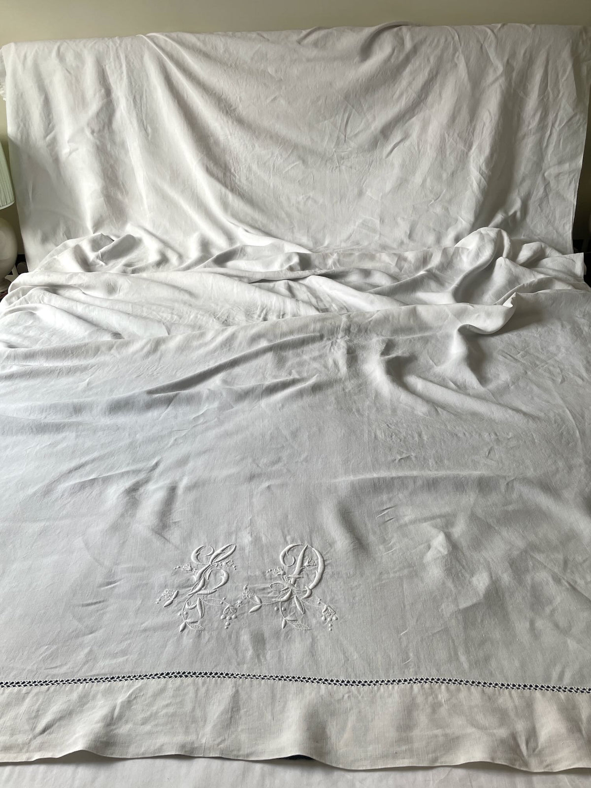 
                  
                    antique french linen sheet embroided ED white bedsheet single double tablecloth UK
                  
                