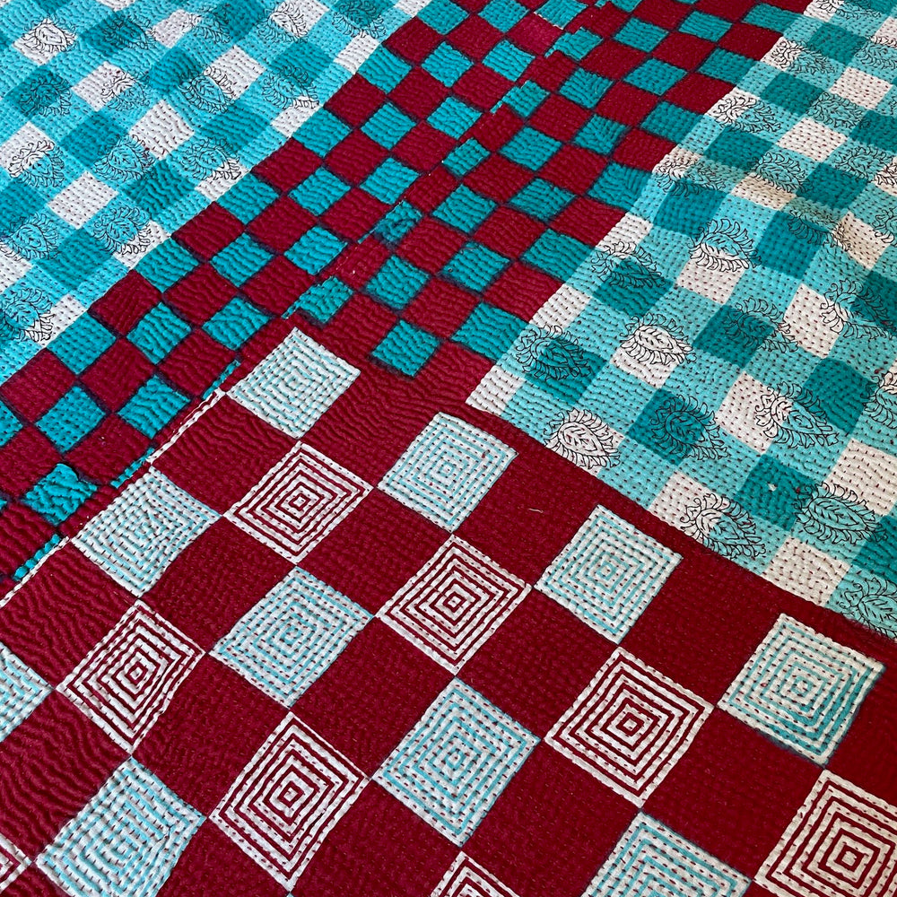 
                  
                    bright red blue turquoise kantha quilt bedcover picnic blanket cotton comforter hand stitched
                  
                