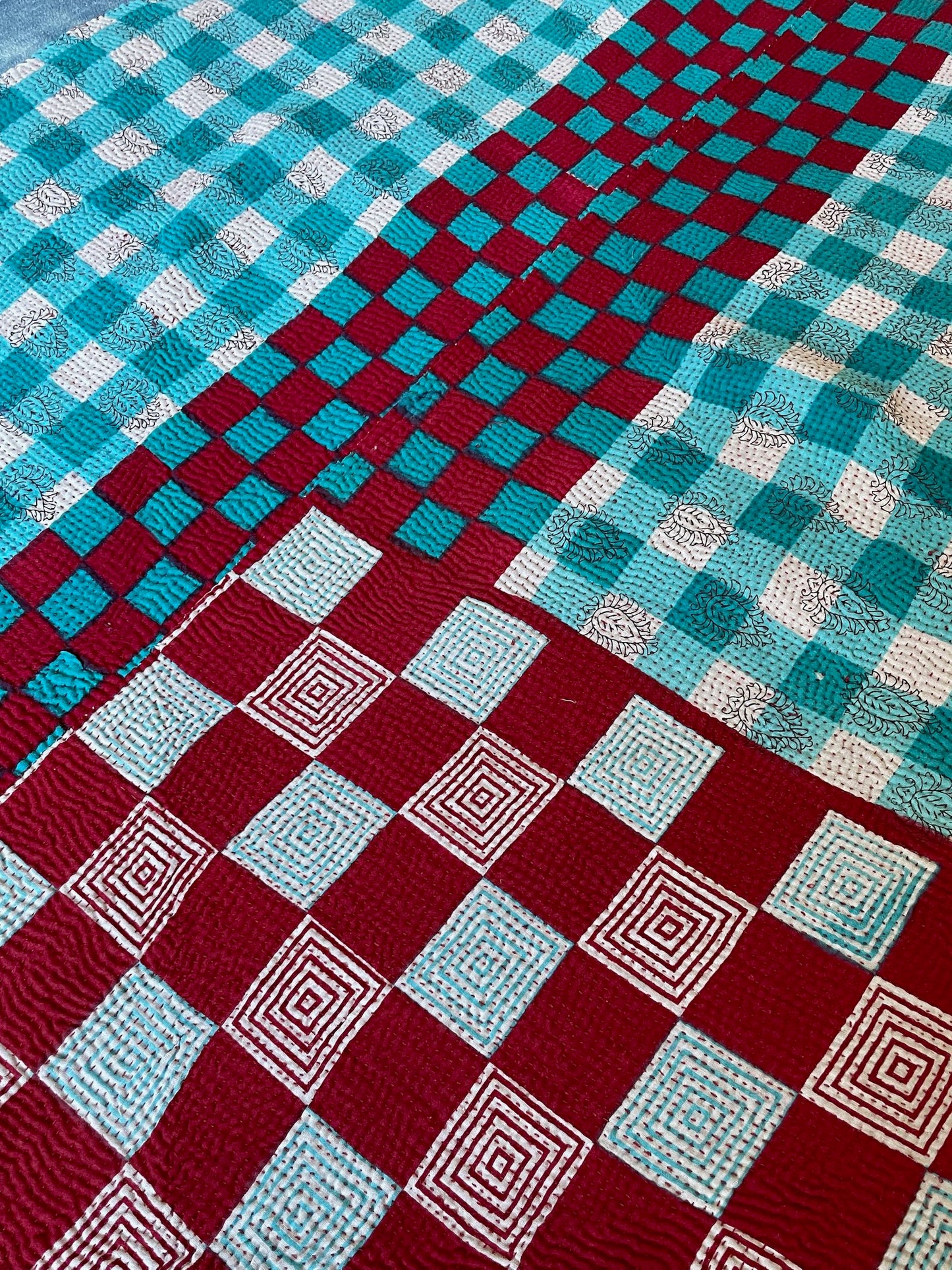 
                  
                    bright red blue turquoise kantha quilt bedcover picnic blanket cotton comforter hand stitched
                  
                