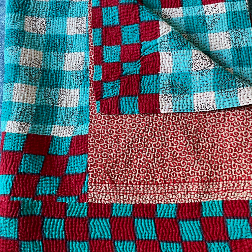 
                  
                    bright red blue turquoise kantha quilt bedcover picnic blanket cotton comforter hand stitched
                  
                