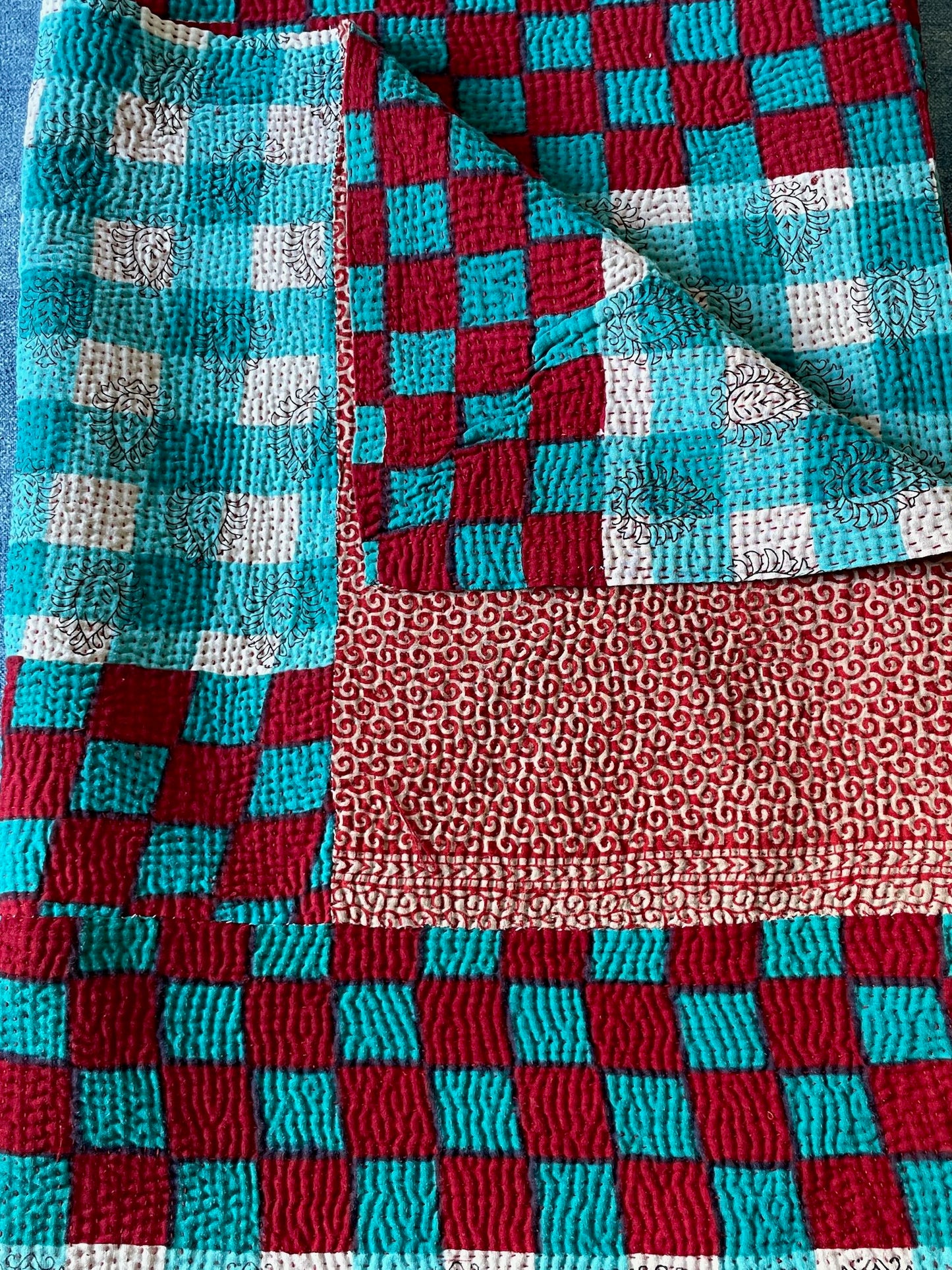 
                  
                    bright red blue turquoise kantha quilt bedcover picnic blanket cotton comforter hand stitched
                  
                