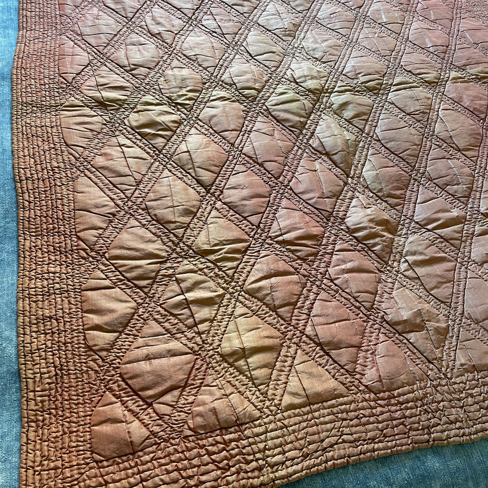 antique french quilt pink brown silk linen wholecloth comforter pique small hand stitched bedcover