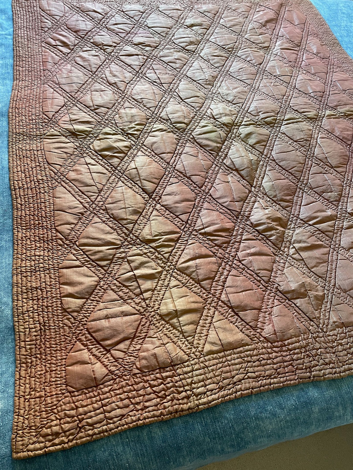 antique french quilt pink brown silk linen wholecloth comforter pique small hand stitched bedcover