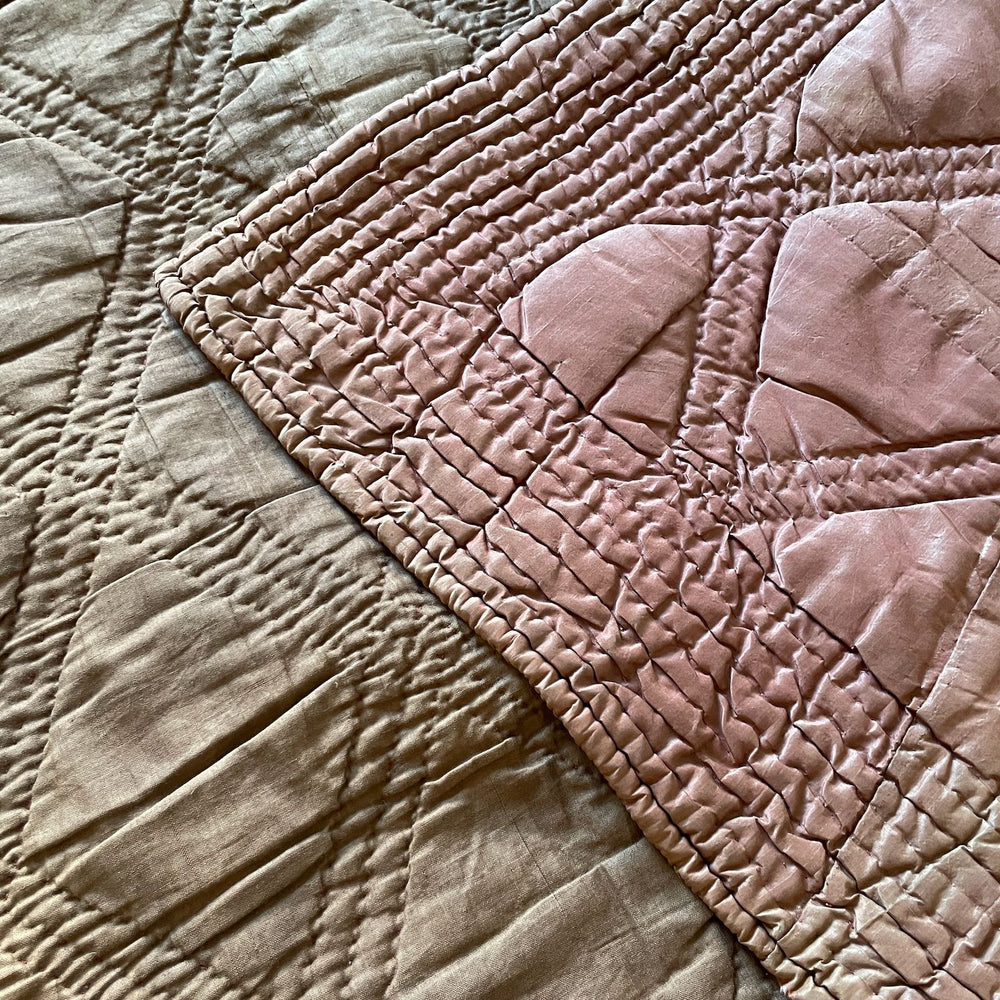 
                  
                    antique french quilt pink brown silk linen wholecloth comforter pique small hand stitched bedcover
                  
                