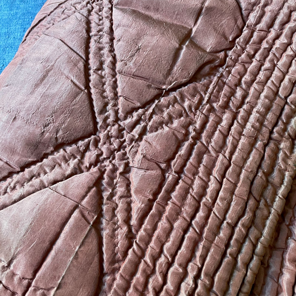 antique french quilt pink brown silk linen wholecloth comforter pique small hand stitched bedcover