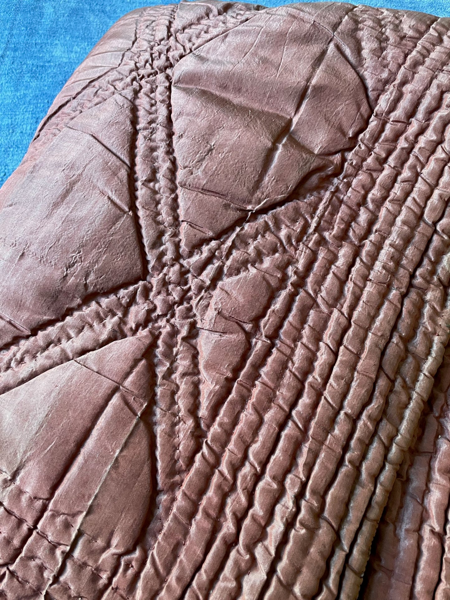 antique french quilt pink brown silk linen wholecloth comforter pique small hand stitched bedcover