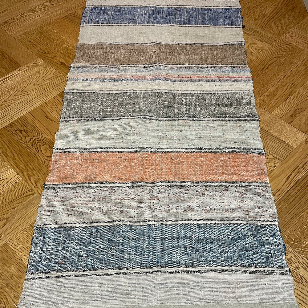 blue grey striped rag rug hall runner kitchen mat cotton washable carpet small vintage Hungarian