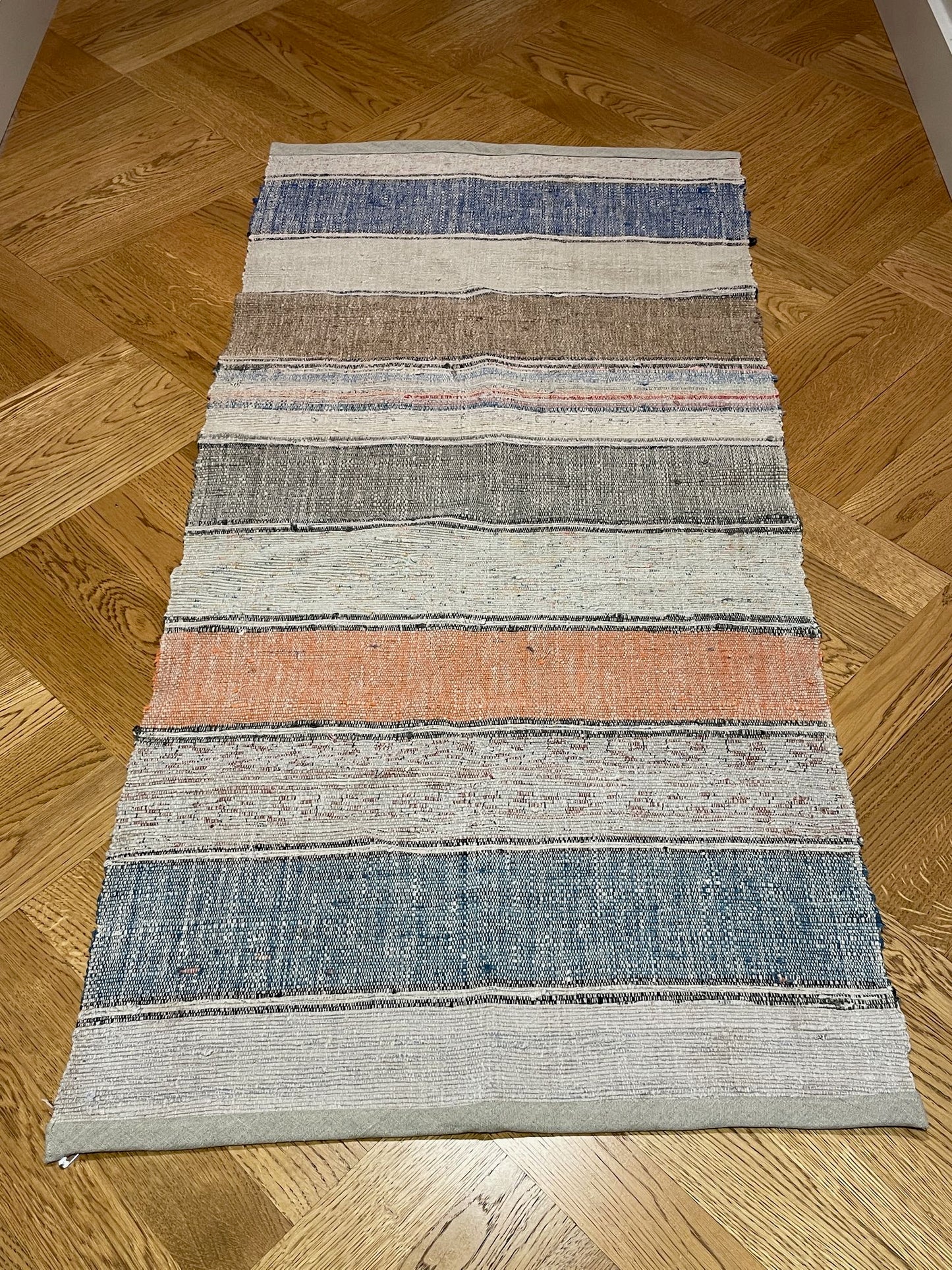 blue grey striped rag rug hall runner kitchen mat cotton washable carpet small vintage Hungarian